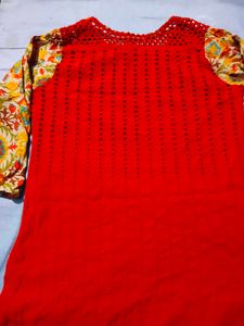 Vibrant Red Kurta with Floral Sleeves