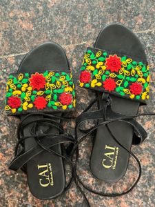 Embroidered Floral Lace-Up Sandals