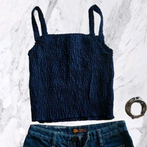 Navy blue smocked crop top