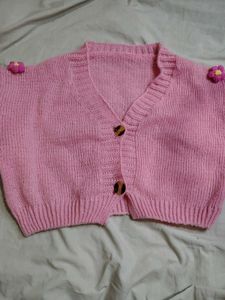 Savana Pink Cropped Cardigan with Floral Appl
