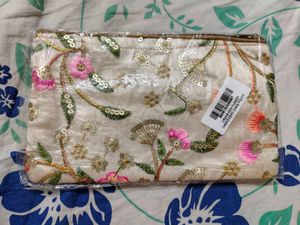 Embroidered Cream Flower Pouch