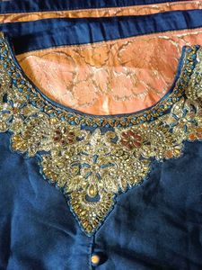 Elegant Navy Blue Kurta Set with Orange Dupatta