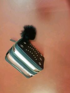 Black Studded Wallet with Pom-Pom