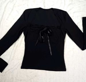 Chic Black Lace Trim Tie-Front Top