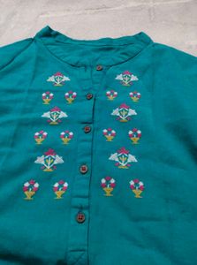 Teal Kurta with Embroidered Neckline