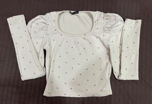 Creamy Floral Print Puff Sleeve Top
