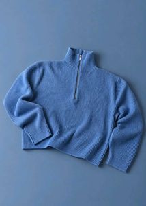 BLUE RIBBED HALF-ZIP MOCK NECK SWEATER