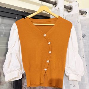Cute Orange Cardigan with Puff Sleeves