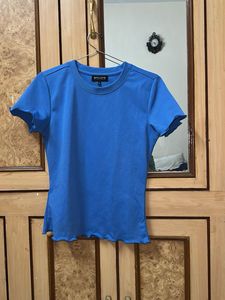 Blue Textured Lettuce Hem Top
