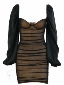 Black Puff Sleeve Ruched Mini Dress