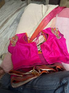 Vibrant Pink &amp; White Designer Saree with Embroider