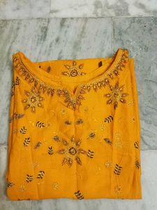 Yellow Embroidered Sleeveless Kurti