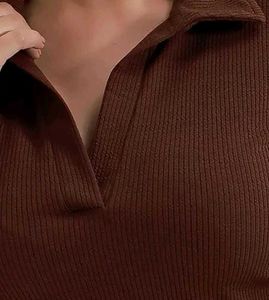 Brown Ribbed Collared Long Sleeve Top