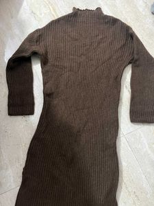 Brown Ribbed Knit Midi Dress