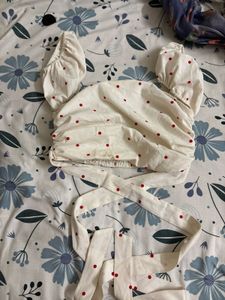 Cream Red Polka Dot Off-Shoulder Crop Top