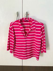 Pink & White Striped Collared Top