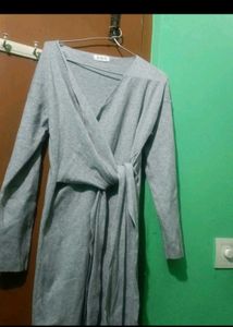 Classy Grey Waist-Tie Midi Dress for Women