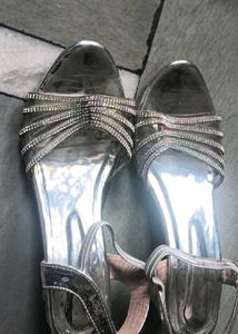 Silver Rhinestone Block Heel Sandals