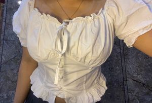 White Puff Sleeve Ruffled Crop Top