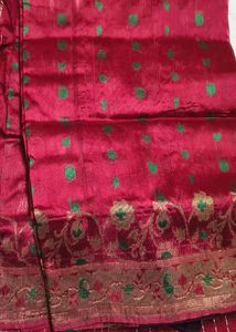 Elegant Red Saree with Green Motifs