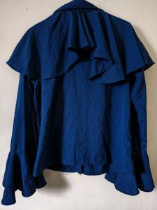Navy Blue Ruffle Sleeve Button-Up Shirt
