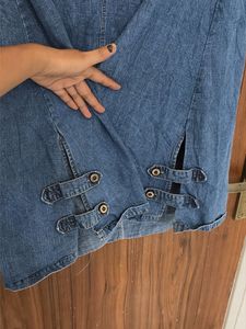 Stylish Blue Denim Skirt with Checkered Elastic Wa