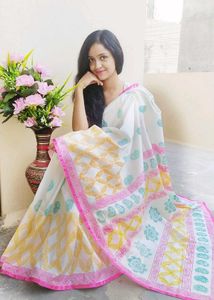Handmade Pure Silk Block-Printed Saree with Blouse