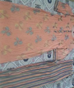 Peach Floral Kurta &amp; Striped Pant Set