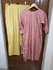 Pink Embroidered Kurta Set with Yellow Palazzo