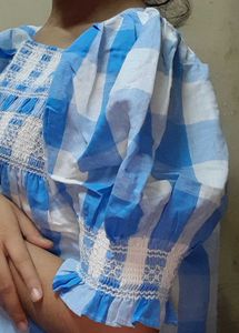 Cute Blue Checked Top with Smocked Details