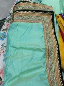 Elegant Teal Silk Saree with Zari &amp; Pearl Work