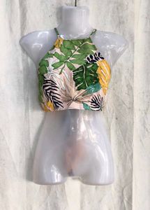 19810. Tropical Print Halter Neck Crop Top