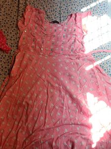 Pink Printed Kurta with Mirror Work
