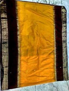 Mustard yellow Meroon pure Kanjeevaram silk sari