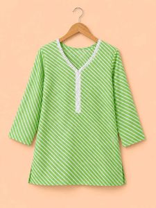 Blue/Green Striped Kurta with White Lace Detail