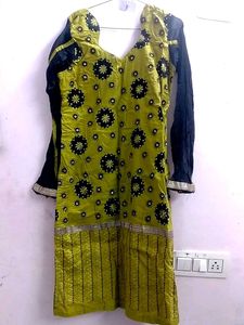 Olive Green &amp; Black Embroidered Tunic ,