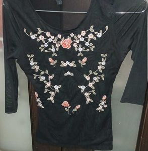 Chic Black Embroidered Mesh Top -