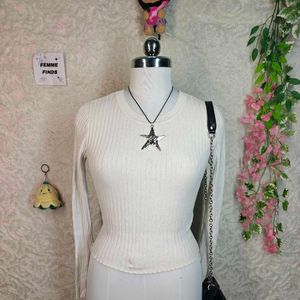 Ribbed Knit Cream Long Sleeve Top