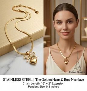 Anti Tarnish Golden Heart & Bow Necklace