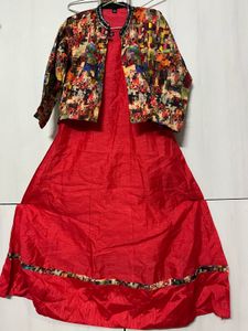 Vibrant Red Ethnic Gown with Embellished Jacket