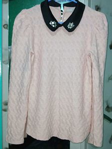 Chic Pink Textured Top with Embellished Collar
