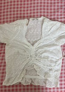 Bershka White Eyelet Tie-Front Top