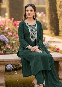🌿 Elegant Dark Green Embroidered Dress Material