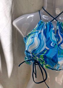 Blue Swirl Halter Neck Crop Top