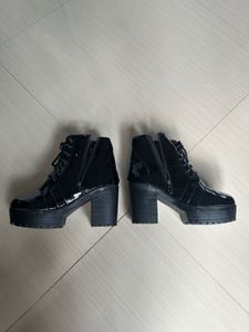 Stylish Black Patent Lace-Up Ankle Boots
