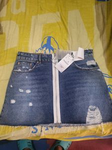 Distressed Denim Mini Skirt with Zipper