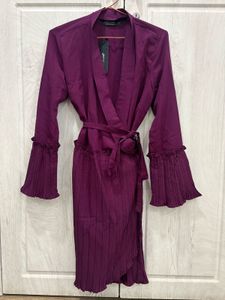 Plisse Wrap Dress with Bell Sleeves