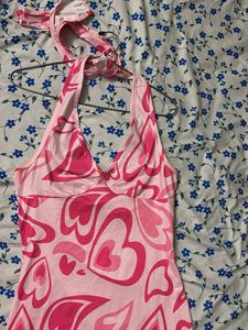 Chic Pink Heart Print Maxi Dress