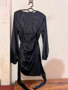 Sleek Black Satin V-Neck Dress