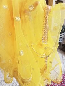 Yellow Net Dupatta with Sequins &amp; Tassels
